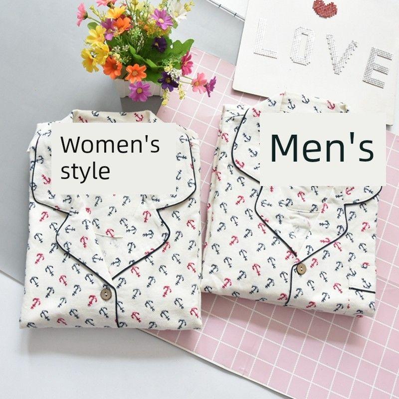 

New Arrival Spring and Autumn Men Pure Cotton Print Brushed Flannel Long Sleeves Pajamas Loose Casual Couple Homewear Suit Rice white men s style L