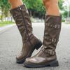 Punk Metal Belt Buckle Pu Knee High Boots Women 2025 Winter Sexy Medium Heel Black Long Riding Boots Casual Western Cowboy Shoes