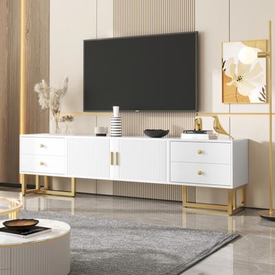 TV Stand Cabinet, Low Panel with Textured Door, Console Furniture Drawers, Golden Handles, and Feet Storage Cabinet