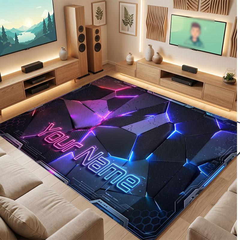 City Cyberpunk Theme Crystal Velvet Floor Rug Personalized Custom Name Text Warm Carpet Home Decoration