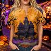 Women's Halloween Print Button Down Short Sleeve Cotton Linen Shirt with Chest Pocket