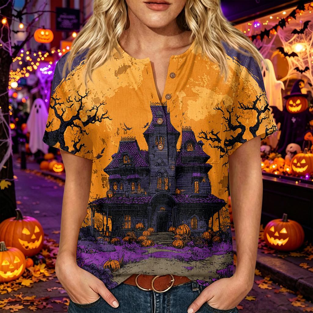 Women's Halloween Print Button Down Short Sleeve Cotton Linen Shirt with Chest Pocket