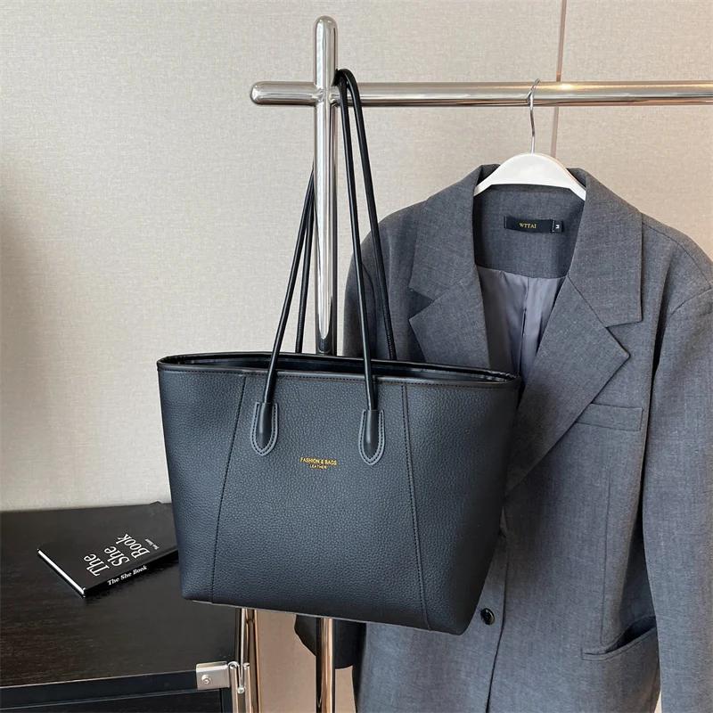 Classic Solid Color PU Shoulder Casual Large Capacity Tote New Fashion Feminine Retro Simple Shoulder Bag