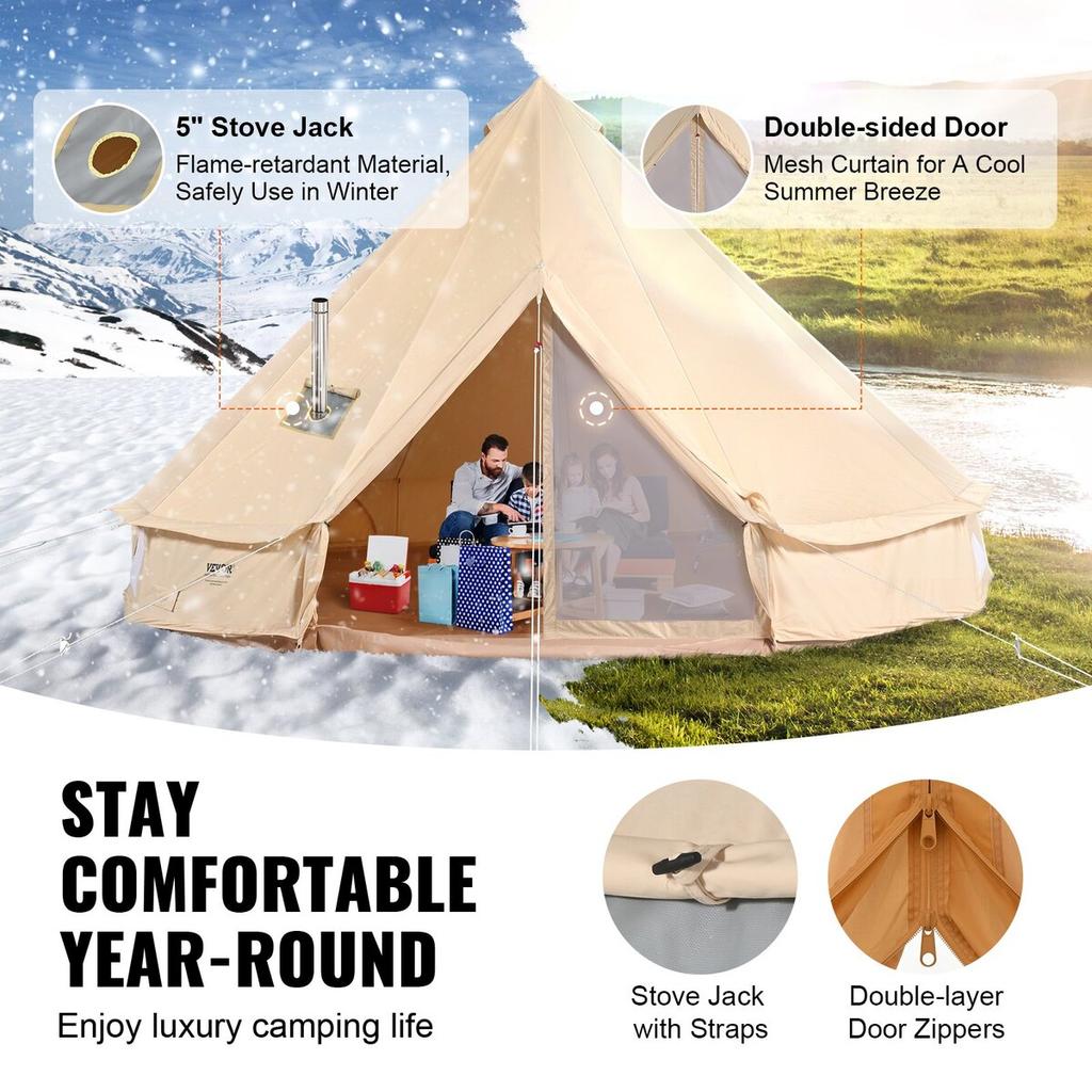 Canvas Bell Tent, 4 Seasons 3 M/9.8ft Yurt Tent, Canvas Tent for Camping with Stove Jack, Breathable Tent Holds Up To 4 People, Family Camping Outdoor