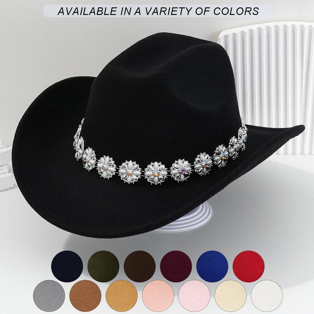 New Top Hat Western Cowboy Hat Metal Flower Rhinestone Gem Hat Chain Accessories Hat Strap Hat