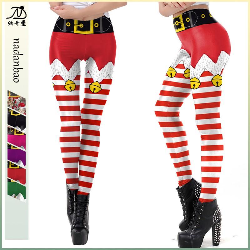 Womens Christmas Striped Print Slim Mid-Rise Leggings Cosplay Bottoms