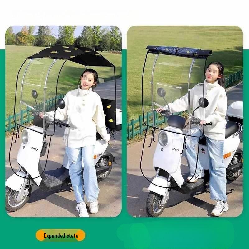 Electric Vehicle Detachable Folding Awning: Retractable Sunshade, Windproof & Rainproof for Pedal Motorcycles.