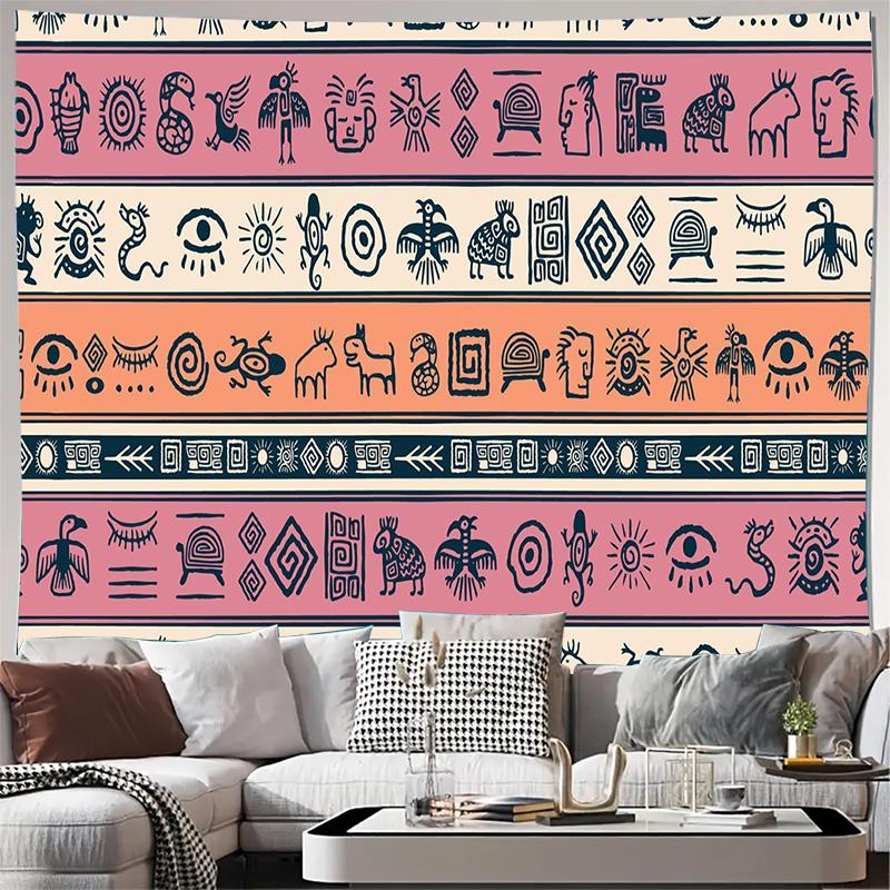 Ancient Tribal Symbol Pattern Wall Tapestry Machine Washable All Season Decor Art Print Ethnic Mythical Design Home Easy toclean