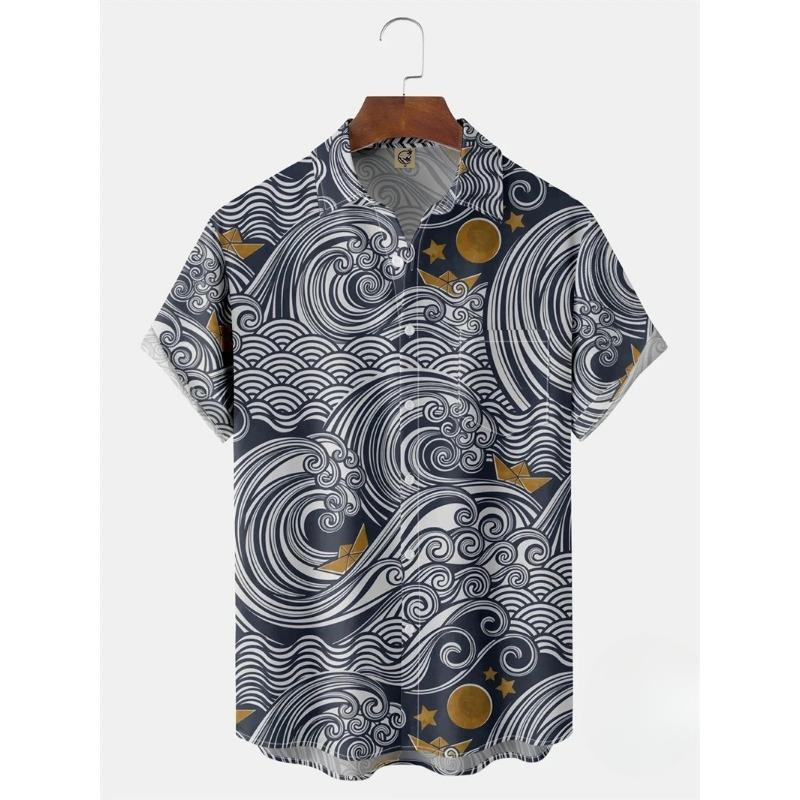 Hawaiian Shirts for Mens Short Sleeve Tops Japanese Style 3D Print Ukiyoe Wave Graphic Clothes Summer Streetwear