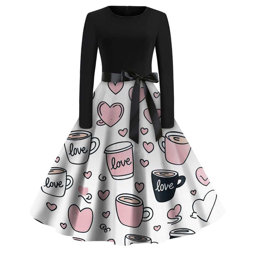 Women's Fashion Round Casual Slim Fit  Print Large Swing Long Sleeve Dress