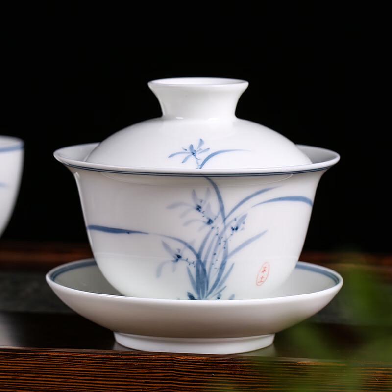Hand-Painted Blue & White Orchid Ceramic Gaiwan