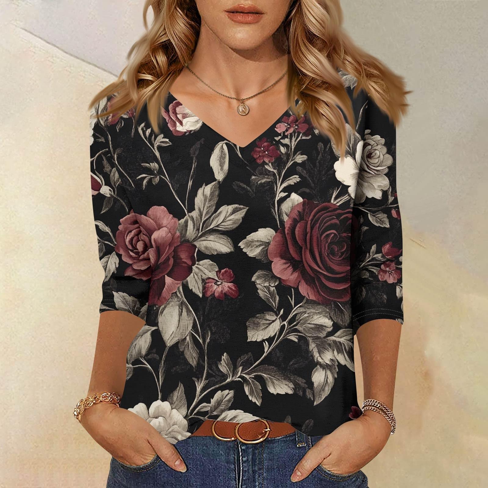 

Женские топы, рубашка с рукавом три четверти, свободная повседневная рубашка с V-образным вырезом, футболка с цветочным принтом S чёрный