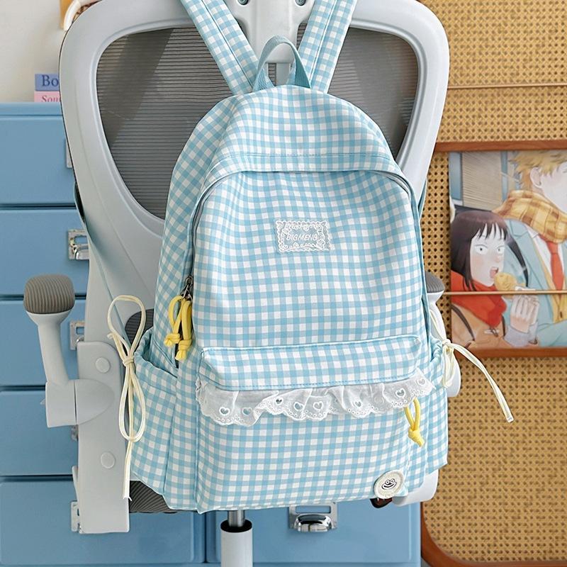Schoolbag Korean fresh plaid corrugated backpack girl heart lace small schoolbag girls junior high school students female commuter bag