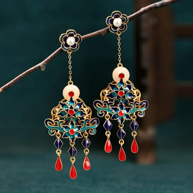 Gold Plated Imitation Jade Earrings For Women, Exquisite Long Style, Niche Design, Antique Style Jewelry Gift