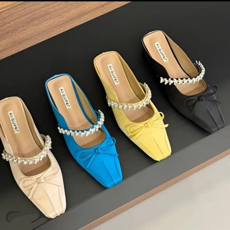 Fashion New Women Square Head Shallow Mouth Flannelette Butterfly Knot Crystal Line with Soft Sole Non-slip Low Heel Shoes Zapatos Mujer