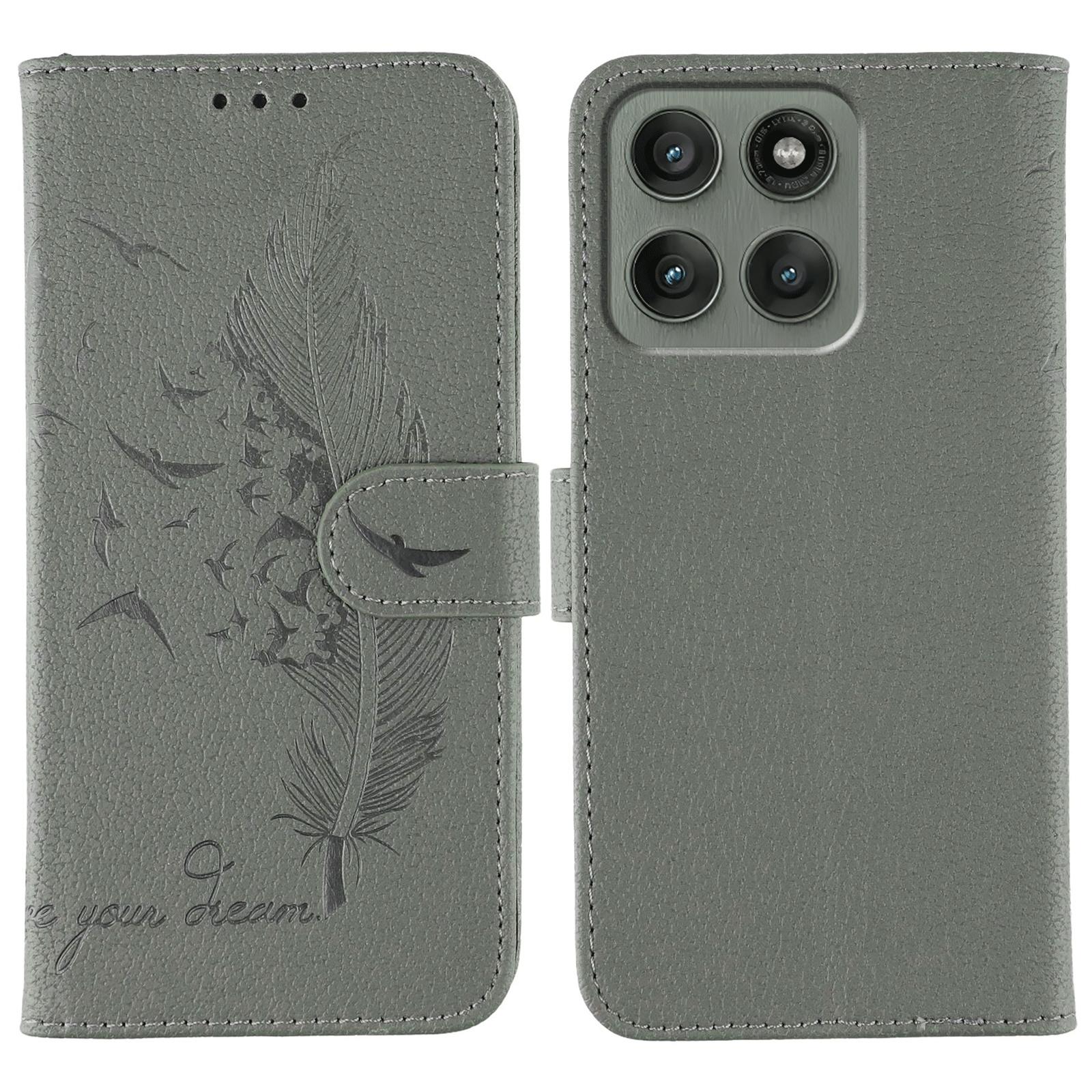 

For Motorola Edge 60 Pro 5G Case Feather Imprint PU Leather Wallet Phone Cover Grey