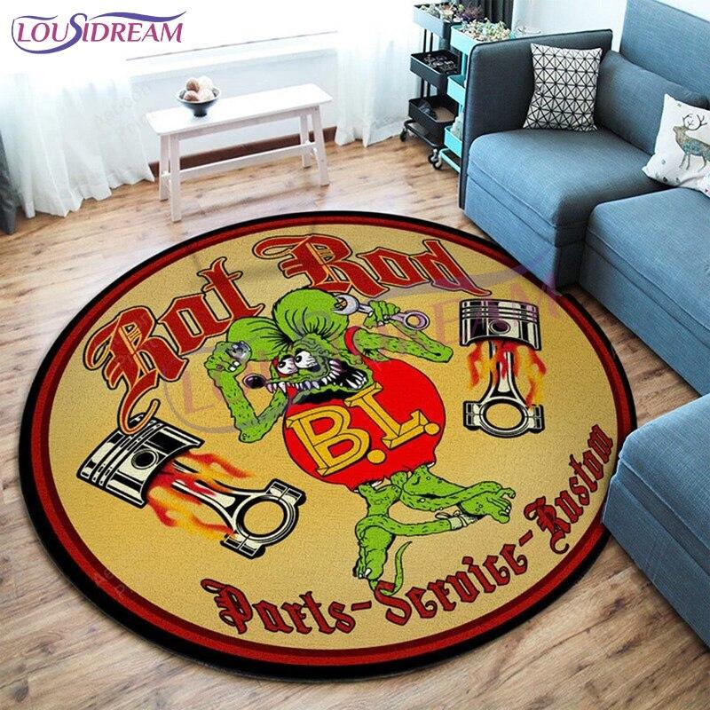 Personalized Hot Rod Garage Round Mat Rat Fink Rug Retro Round Rug Living Room Decor Floor Mats Carpets for Bed Room Chair Mat