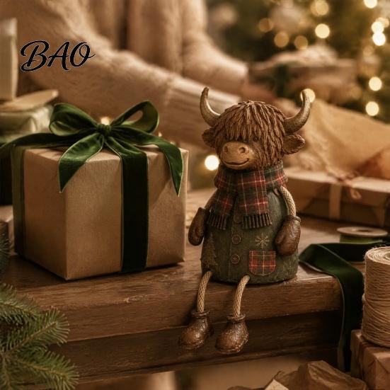 Indoor Decorative Collectible Christmas Highland Cow Figurine, Cute Ornament with Retro Plaid Clothing for Farmhouse Holiday Resin Sculpture Tabletop