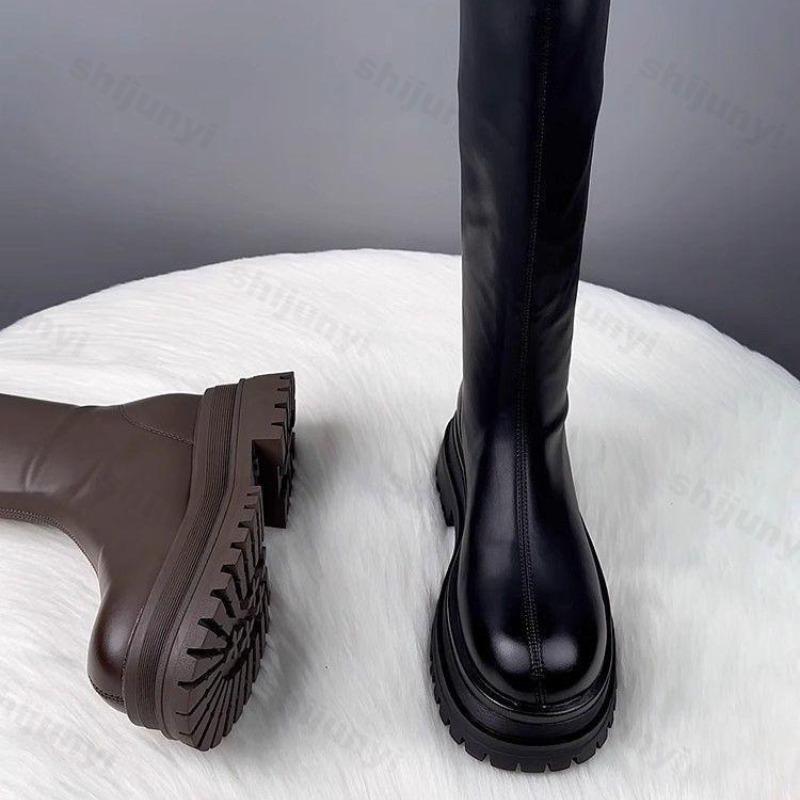 Zimowe Damskie Buty Rycerki Wysokie Modne Zamki z Tyłu Eleganckie Damskie Buty na Platformie Płaskie Długie Buty Krótkie Pluszowe Obuwie Damskie