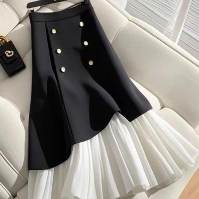 Saia de Chiffon Estilo Ocidental de Alta Qualidade Francesa Costura Irregular Saia Plissada Nova Saia Primavera e Verão Saia de Comprimento Médio com Botões