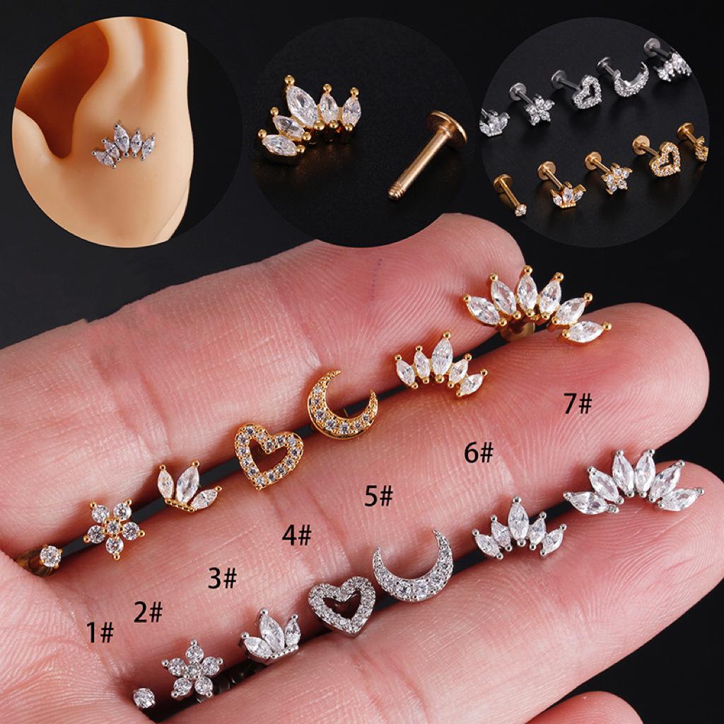 

Лабрет из нержавеющей стали с цирконом в форме сердца и цветка для пирсинга хряща уха 1 серебряный