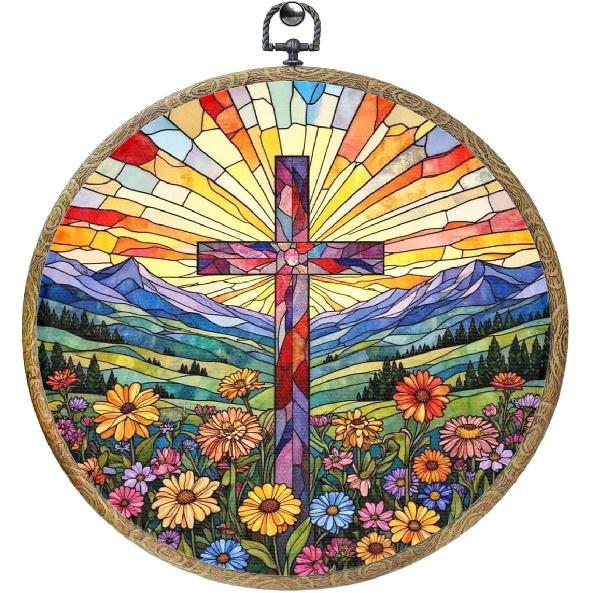 piratonal Wildflower Cross Faith Christian Gifts for Women Men Religious Gifts Framed Round Wall Decor Canvas Wall Art Hanging Prints Artwork for