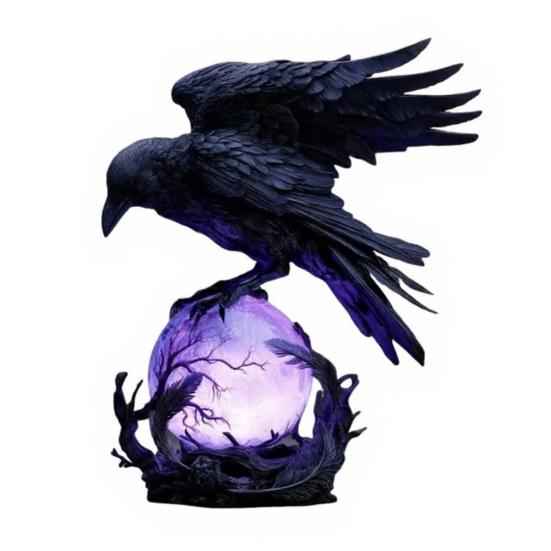 Gothic Raven LED Lamp Hand-Crafted Sculpture On Purple Glow Sphere Mysterious Decor for Dark Art And Halloween Unique Desk Night Light