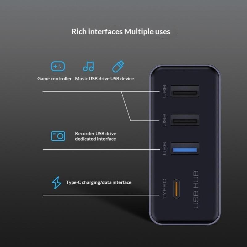 Car Glove Box Usb Hub Docking Station 4-In-1 Multi Port Usb Type C Splitter Adapter For Car Interior Expansion Use
