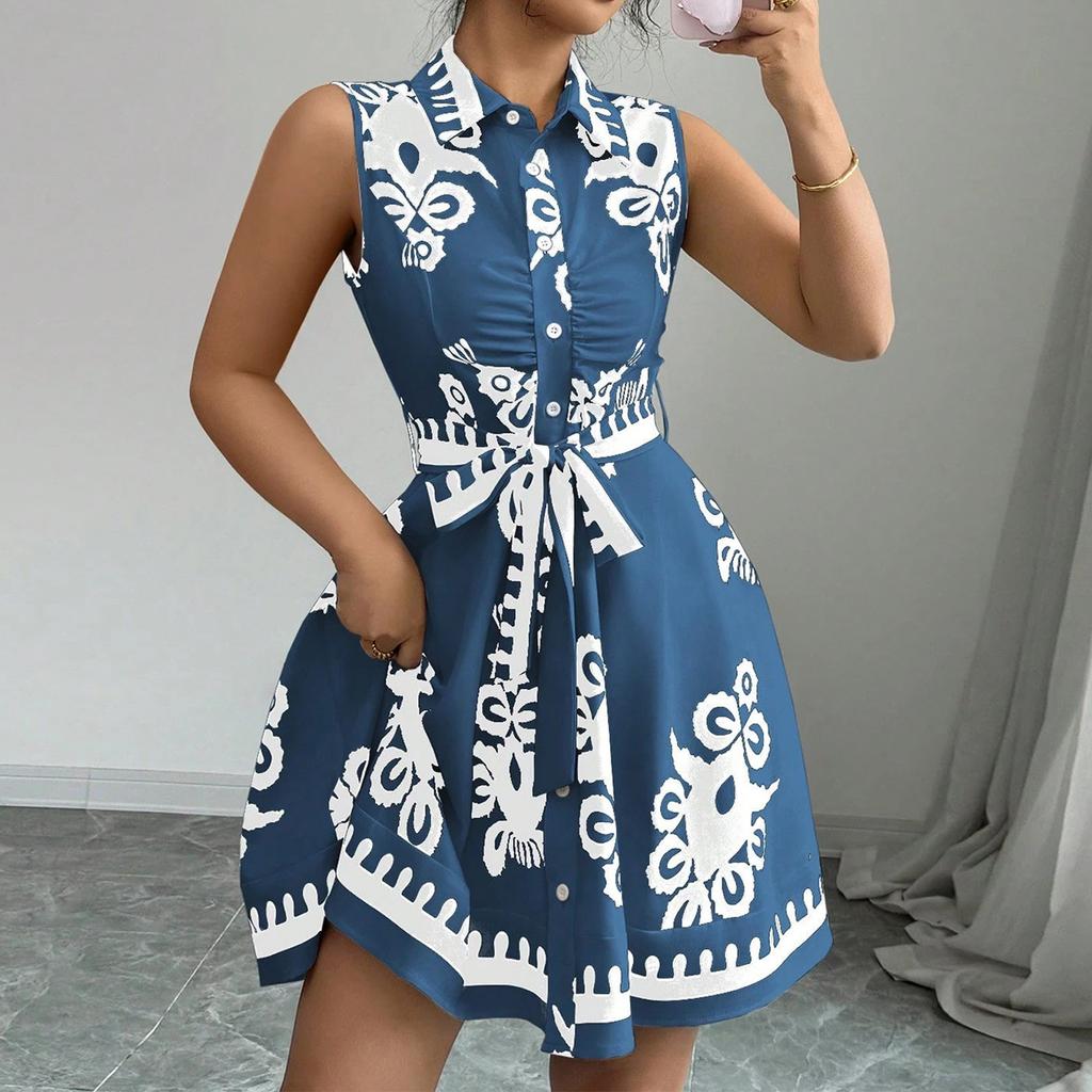 Women's Fashion Lapel Button Print Waist Tie Sleeveless Dresses