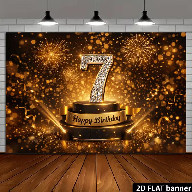 2D Black Gold Diamond Number 7 Birthday Backdrop Firework Glitter Photo Background Banner