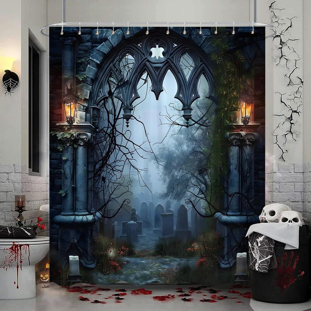 Halloween Shower Curtain Gothic Skull Skull Bat Funny Cute Halloween Bath Curtains Scary Spooky Horror Bathroom Decor With Hooks