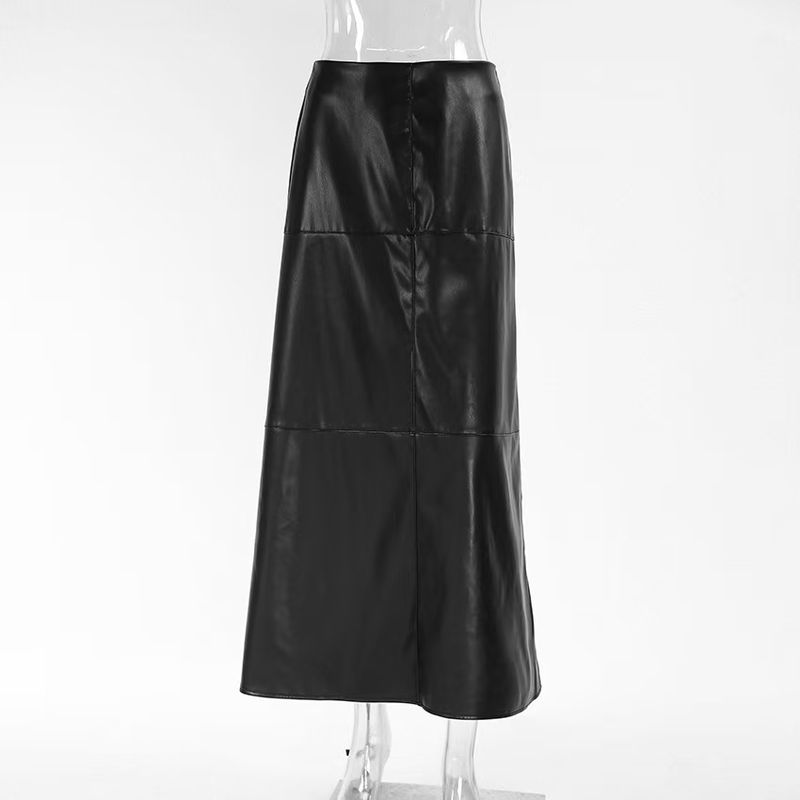 

Fashion Style High Waist Velvet Padded PU Leather Skirt Split Skirt High Waisted PU Leather Skirt Black M