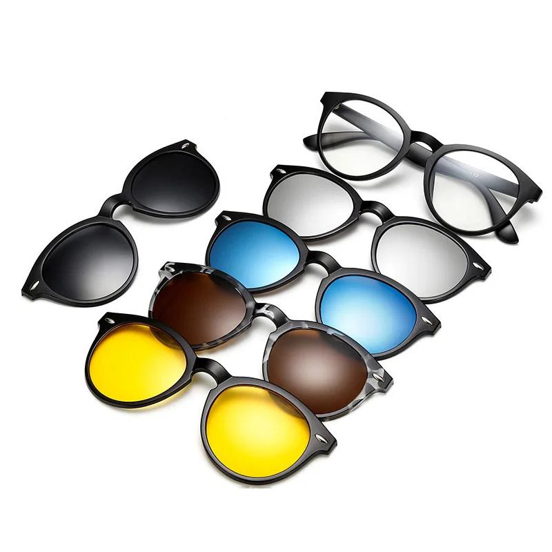 Clipon In 6 1 Black Round Oval Plastic Frame With 5 Pcs Clip On Sunglasses Magnetic Glasses Male Optical
