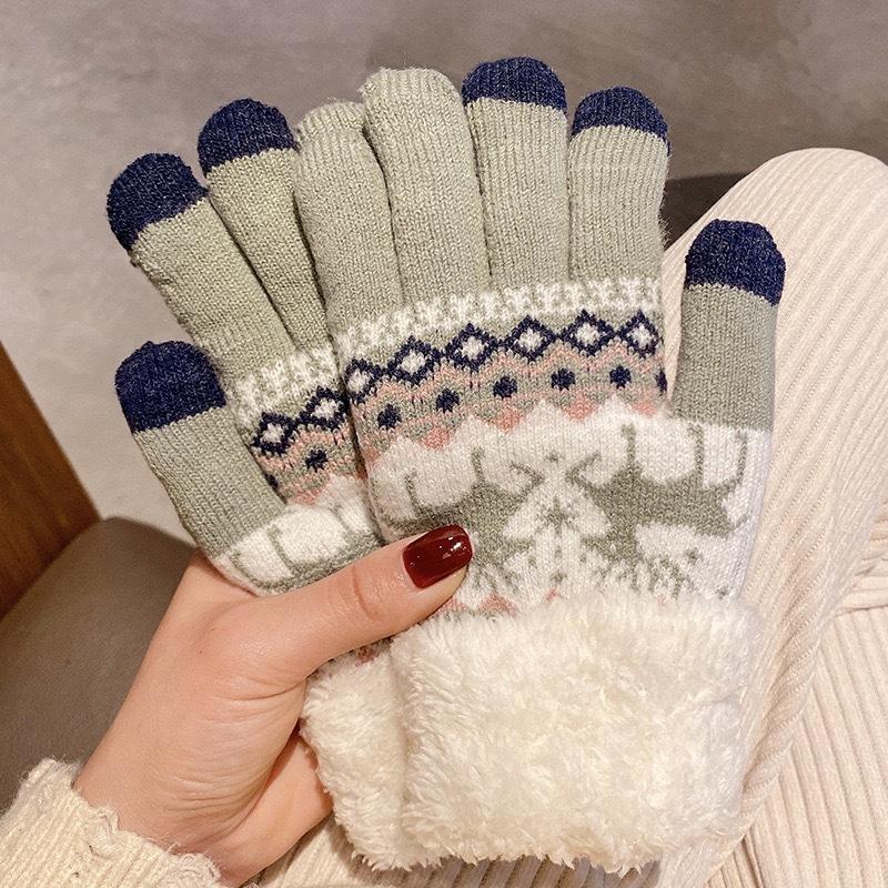 

Christmas Reindeer Jacquard Knit Gloves Plush Cuff Thick Warm Gloves Autumn Winter Soft Coldproof Touchscreen Gloves One size зелений