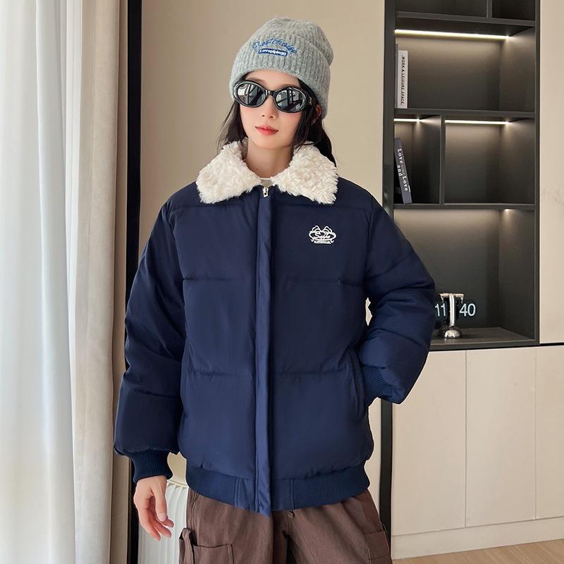 American retro short cotton jacket women's winter new versatile lapel thickened warm fur collar bread jacket cotton coat