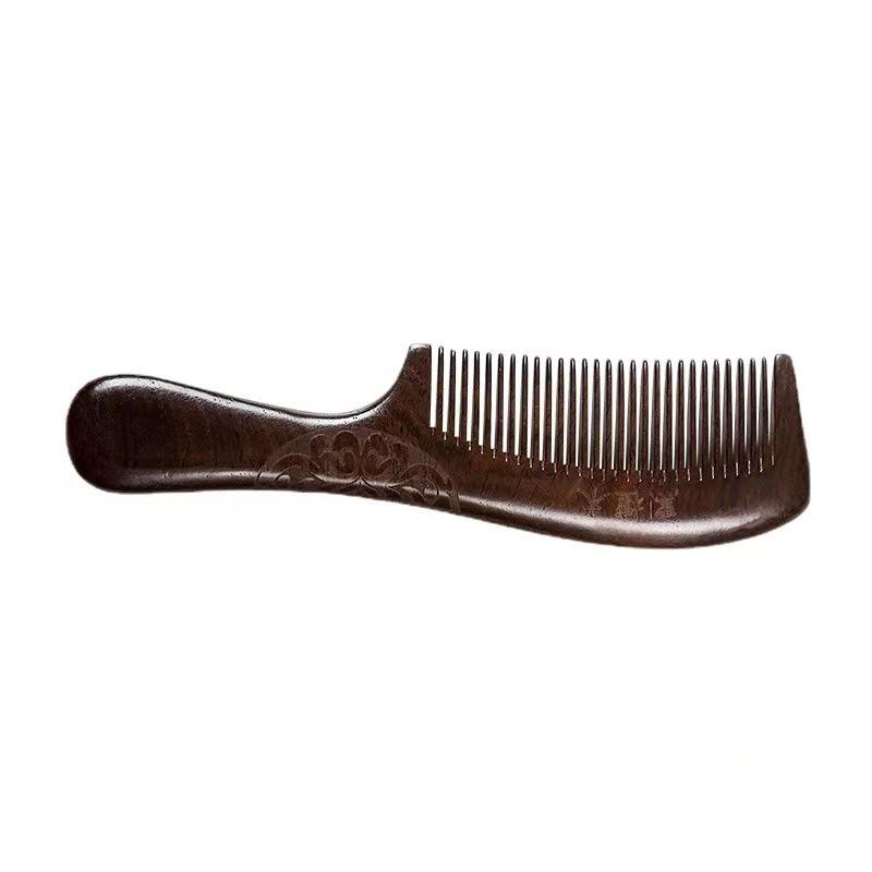 Ebony Comb, Long-handled, Densely Toothed, Double-sided Carved Whole Wood Comb