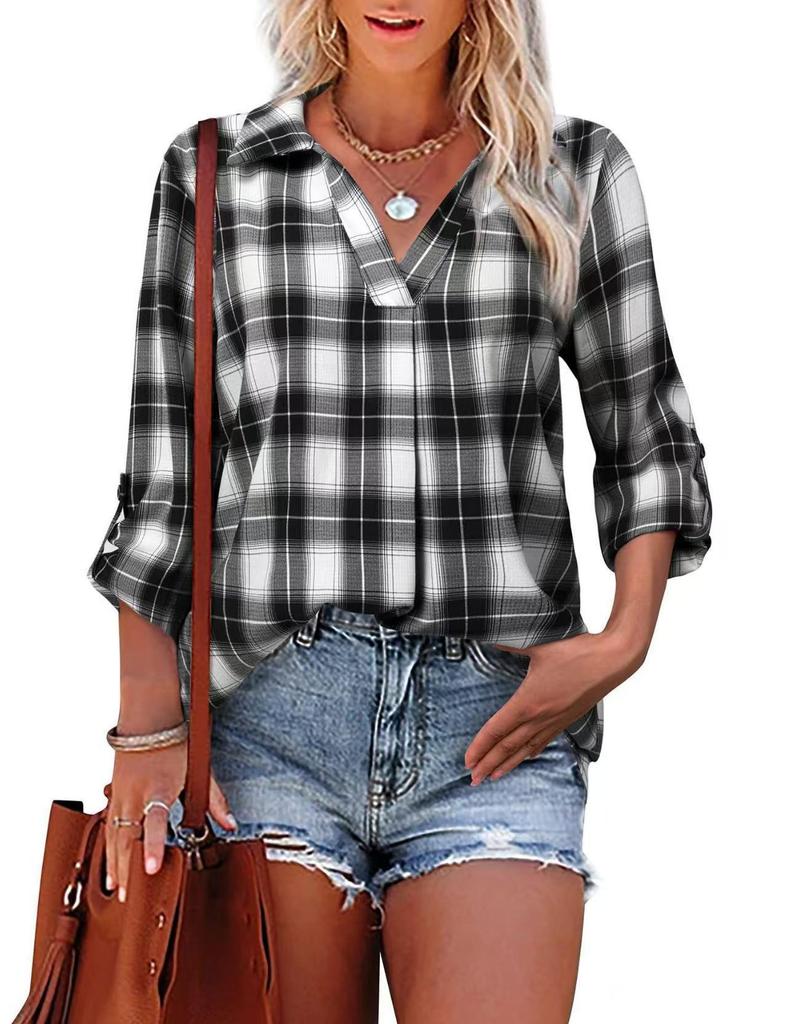 2025 Spring/Autumn V-neck Long Sleeve Plaid Pullover Lapel Loose Fit Women's Shirt
