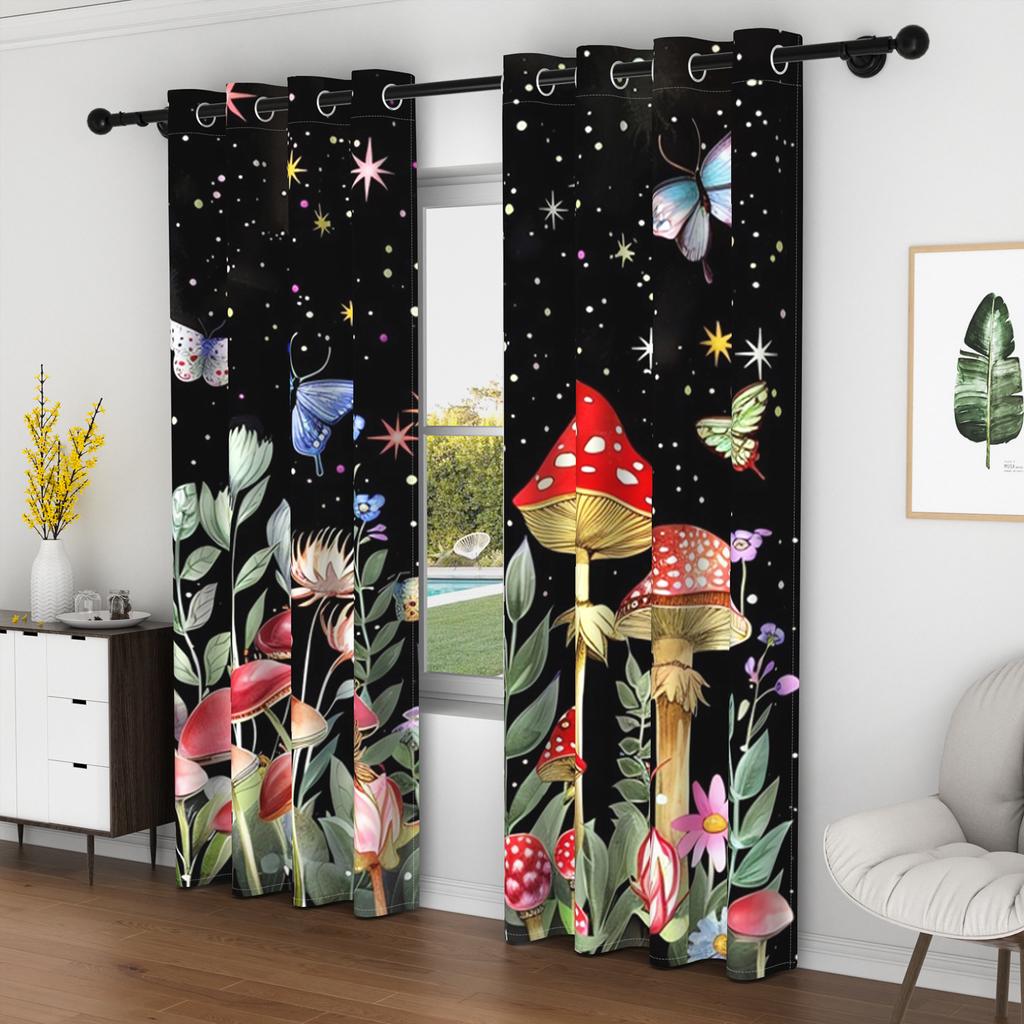2pcs Funny Mushroom Window Curtains Forest Plants Butterfly Flowers Bedroom Blackout Curtains Black Theme Curtains Living Room