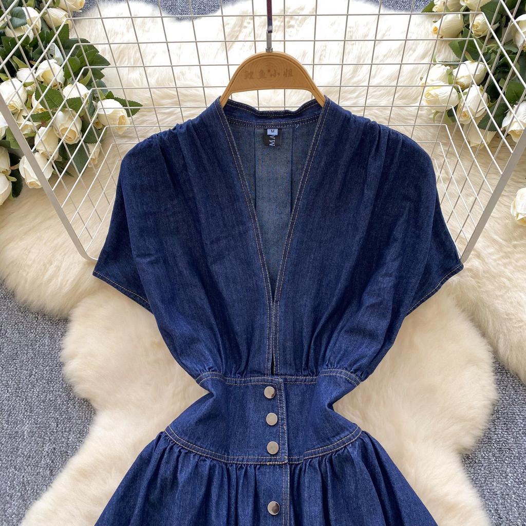 High-end women's dress summer high-end deep V-neck waist buckle slim-fitting pleated casual denim skirt