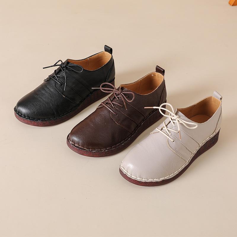 Johnature Genuine Leather Soft Soled Women's Shoes Casual Versatile Lace-up Soft Cowhide Flats