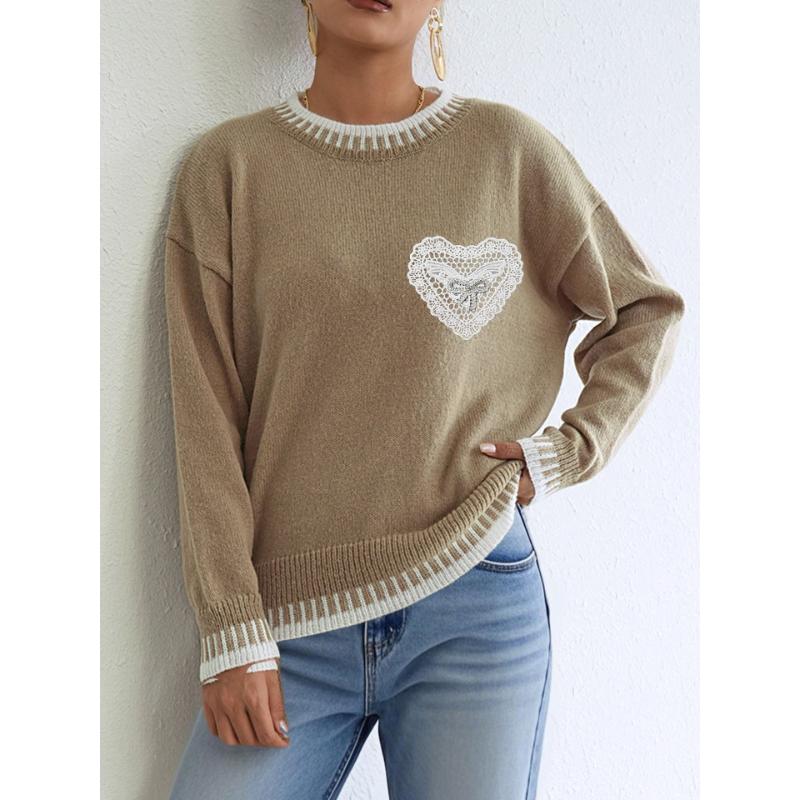 

Women s Contrast Color Splicing Pullover Three-dimensional Bright Brick Butterfly Lace Love Pocket Casual Sweater S хакі