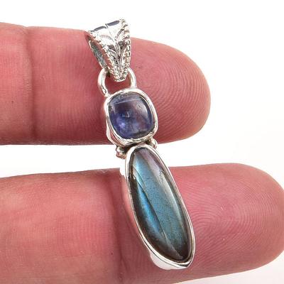 Natural Labradorite,Kyanite 925 Solid Sterling Silver Jewelry Pendant 1.50" E0L92