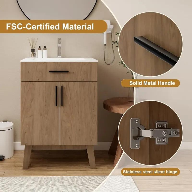 Gabinete de Banheiro de 24" com Cuba, Conjunto de Gabinete com Duas Portas de Armário com Fechamento Suave, Conjunto Moderno de Gabinete Único para Banheiro, Personalizado
