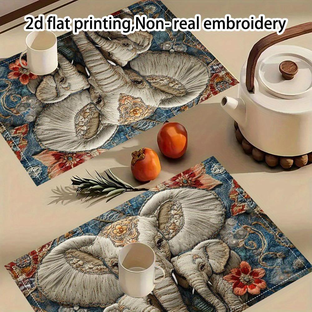 4pcs, 2D Flat Printing, Non-Real Embroidery Holy and Elegant Elephant Placemats, Fashion Printed Pattern Table Mats, Used for Dining Tables, Kitchens,