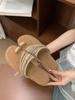 Woven cool slippers fairy shoes outer wear 2025 summer flat-bottomed vacation beach shoe cover toe sandals