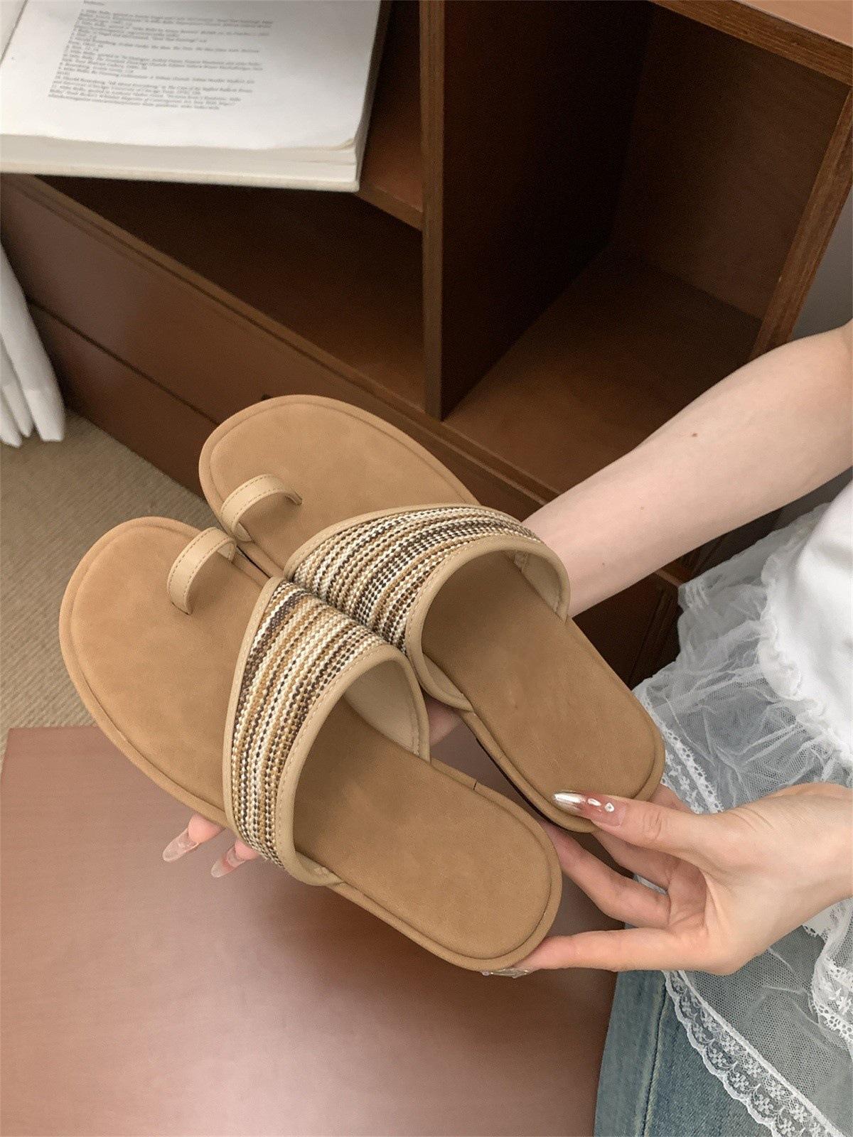 

Woven cool slippers fairy shoes outer wear 2025 summer flat-bottomed vacation beach shoe cover toe sandals 40 хаки