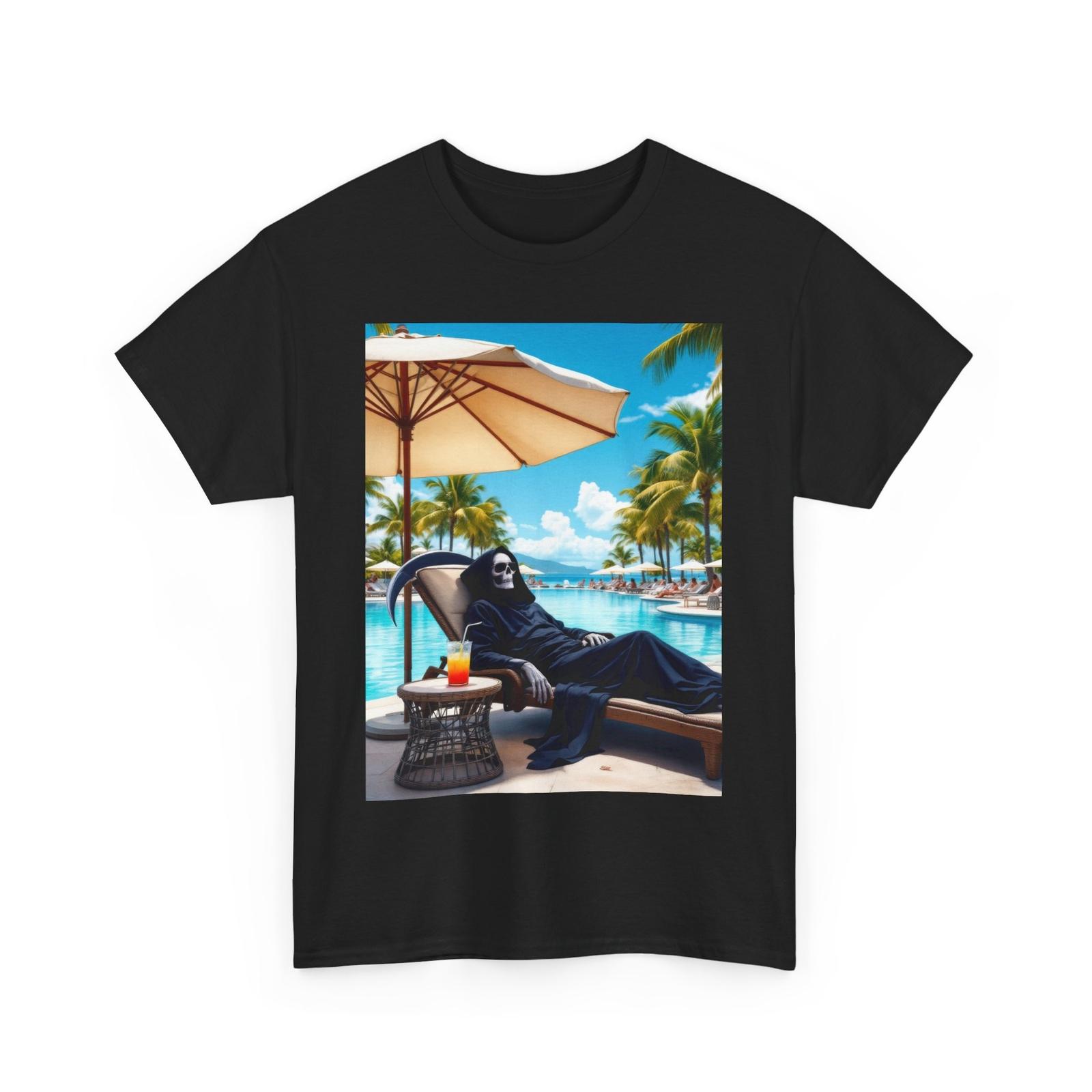 The Grim Reaper Unwinds at a Pool Resort T-Shirt Funny Spooky Halloween Tee Top XL