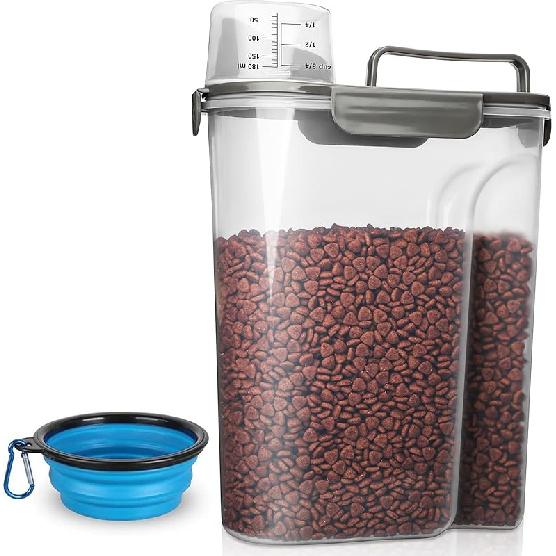 Upgraded Dog Food Storage Container Small, Cat Food Container Airtight, Pet Food Container Dispenser with Pour Spout, Measuring Cup and 4 Seal