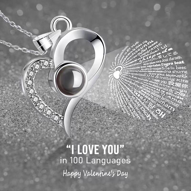 GemChic Women's Pendant Necklace 100 Languages I Love You Projection Necklace Female Heart Pendant Valentine's Day Gift Birthday Christmas Jewelry