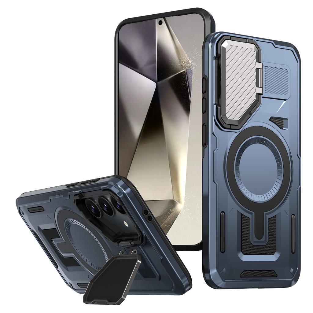 For Samsung Galaxy S25+/S24+ Case Compatible with MagSafe Lens Lid Kickstand PC+TPU Back Cover